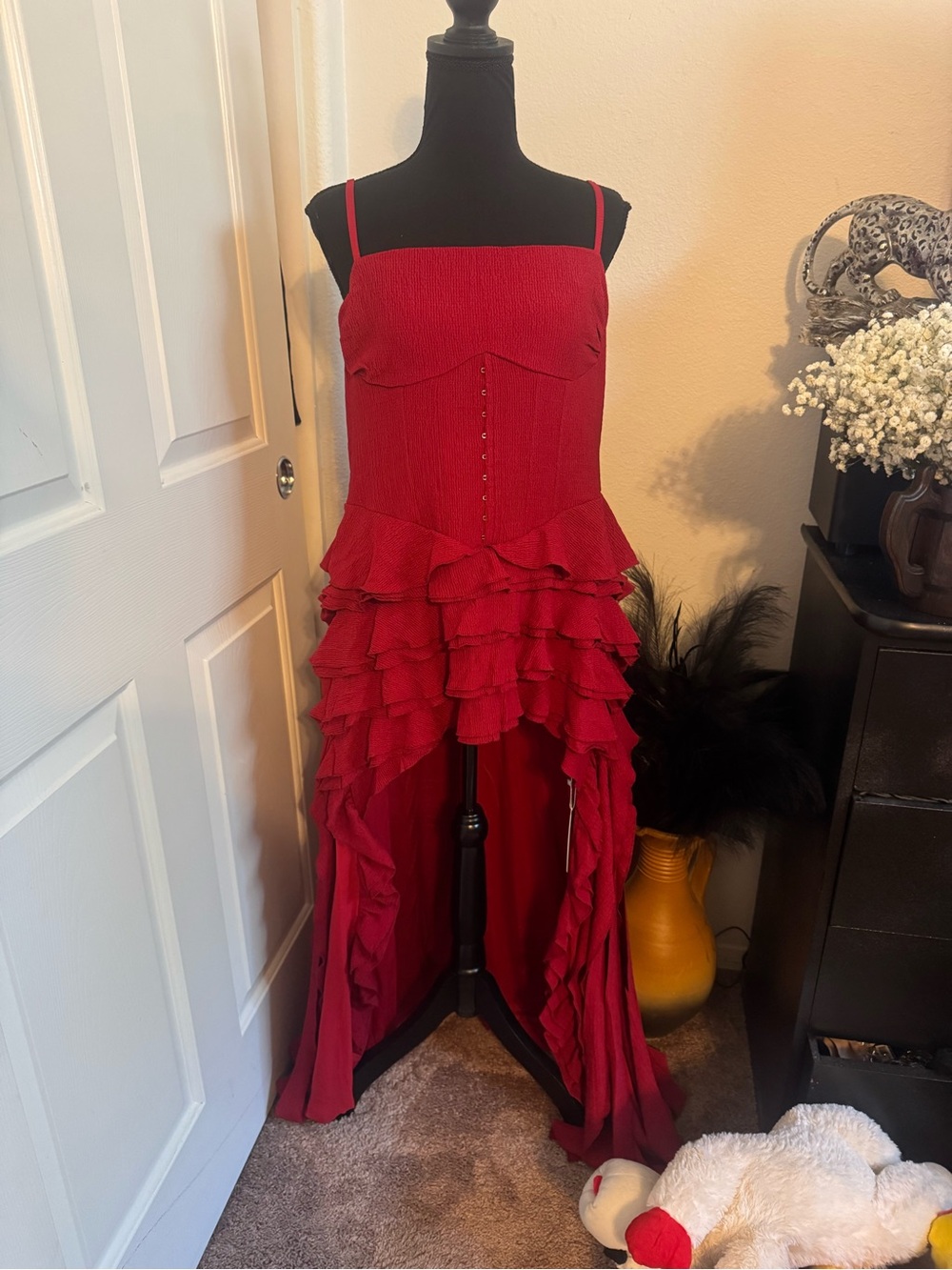 Red Ruffled High-Low Evening Dress